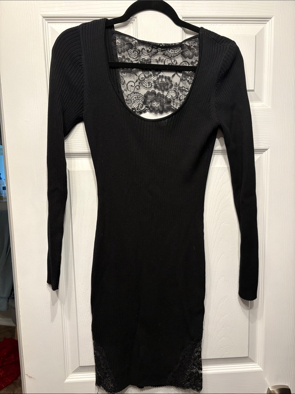 Guess Black Long-Sleeve Lace-Back Ribbed Bodycon Dress